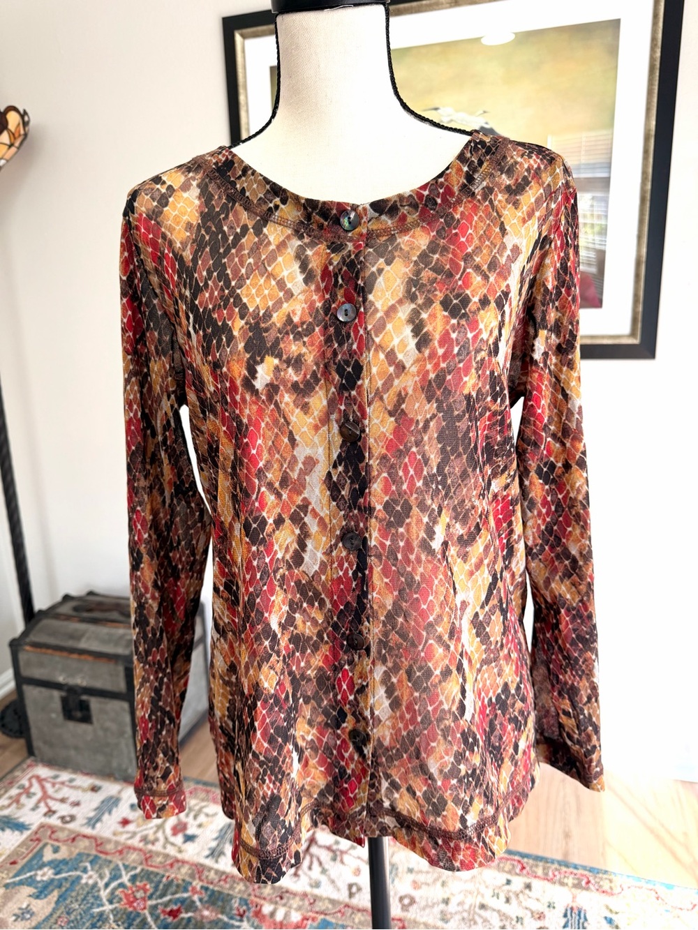 Chico’s Sheer Mesh Snakeskin Animal Print Button Cardigan Top